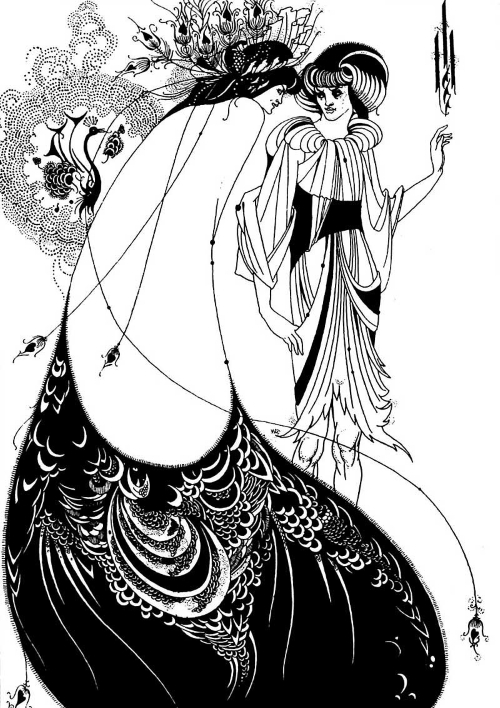 丸の内・三菱一号館美術館「オーブリー・ビアズリー展」サロメsalome 孔雀の裳裾(もすそ)The Peacock Skirt 宴を抜け出したサロメが、自身をヨカナーンに引き合わせるよう、若いシリア人の隊長に迫る。この傲慢な王女の姿を、ビアズリーは、画面下半分を覆う流線形の長いマントで示そうとした。その裾には、唯美主義運動の全盛期に人気を博した孔雀の羽根の文様が配されている。背面を強調した構図や孔雀のモチーフには、ホイッスラーによる「孔雀の間」の装飾の影響が表れる。
